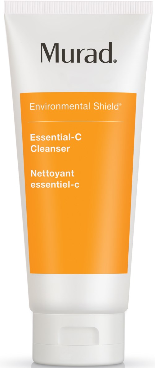 En vit tub med Murad-rengöring med orange etikett, kallad Essential-C Cleanser, för hudrengöring.