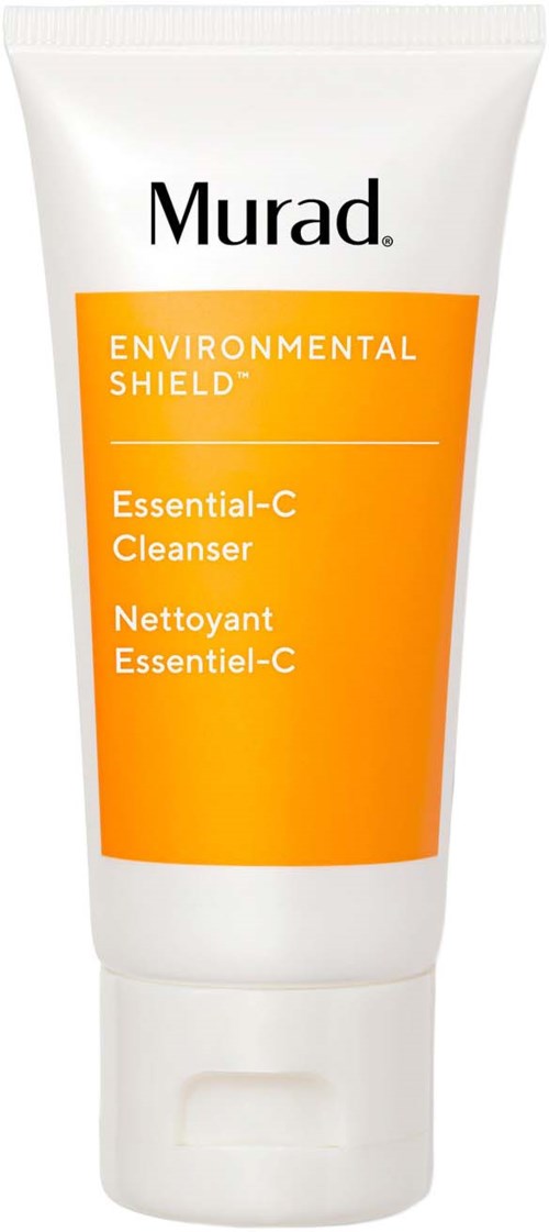 En vit tub märkt Murad Environmental Shield Essential-C Cleanser med en orange sektion.