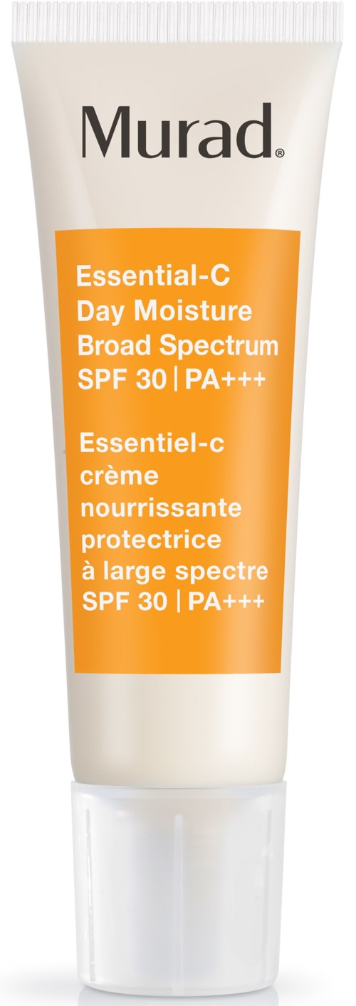 En hvit tube med oransje etikett som viser Murad sitt Essential-C Day Moisture SPF 30 beskyttelseskrem.