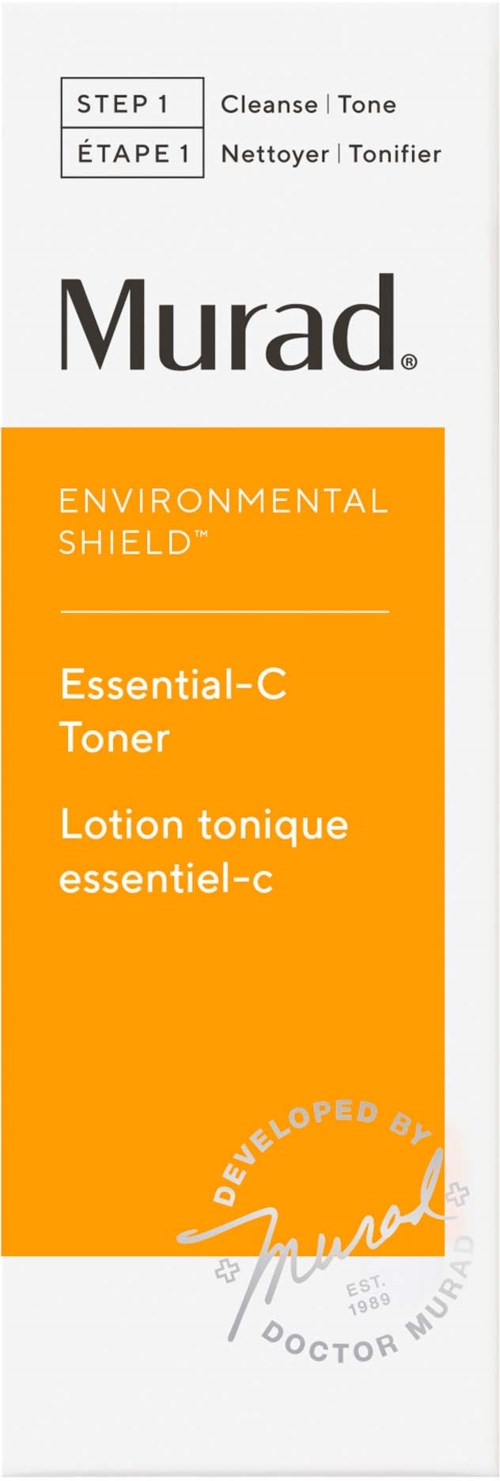 En vit och orange förpackning med orden 'Murad' och 'Essential-C Toner', samt instruktioner på flera språk.