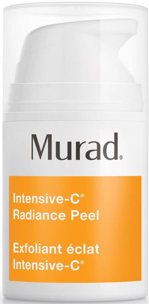En vit pumpflaska med Murad Intensive-C Radiance Peel med orange etikett, används för hudavlägsning.