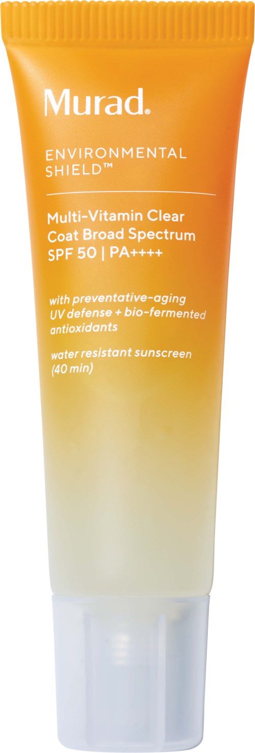 En solkrämstub med orange och gul färggradient, märkt Murad Environmental Shield, med SPF 50.