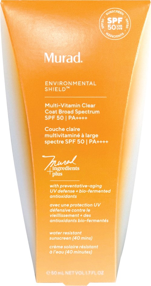 Orange tub med Murad solskyddsmedel med SPF 50, märkt som multivitamin, vattenfast och miljövänlig.