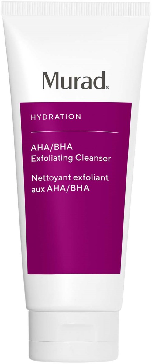 En vit tub med lila etikett, visar märket Murad och produkt för rengöring och exfoliering av huden.