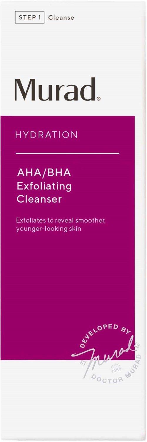 En förpackning med Murad AHA/BHA Exfoliating Cleanser för jämnare hud, med purple och vit design.