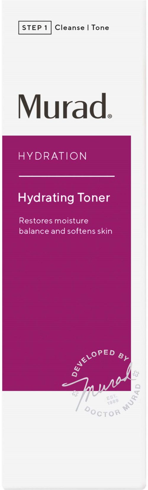 En vit förpackning med svart och lila text, visar att det är en återhydratiserande toner för huden.
