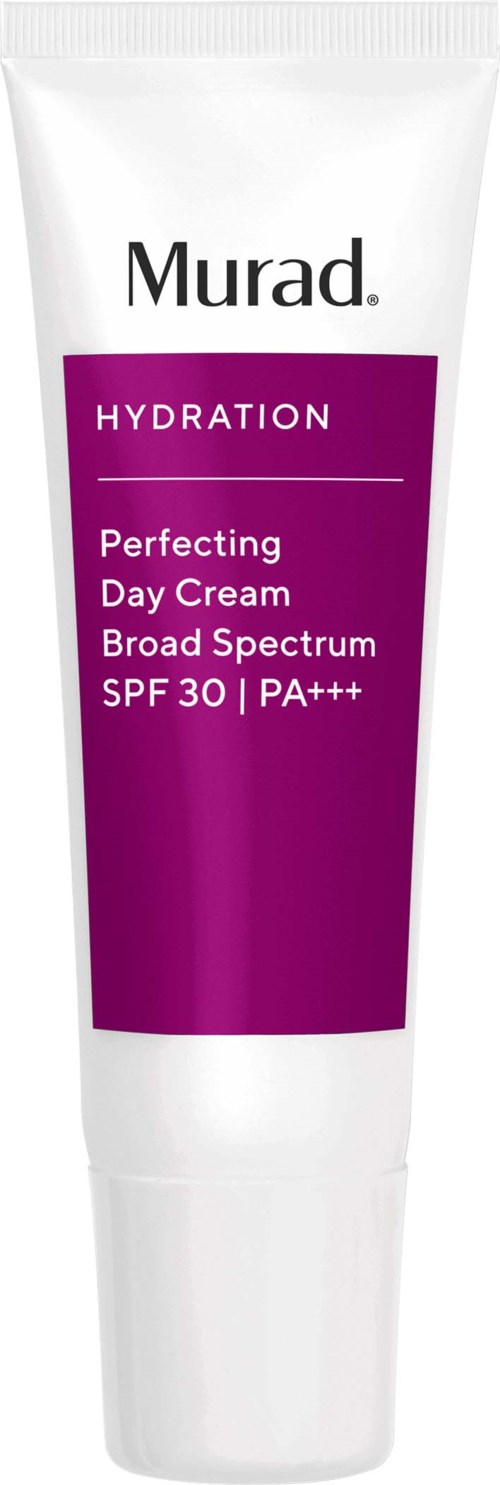 En vit tub med lila etikett som säger Murad Hydration och Perfecting Day Cream med SPF 30.