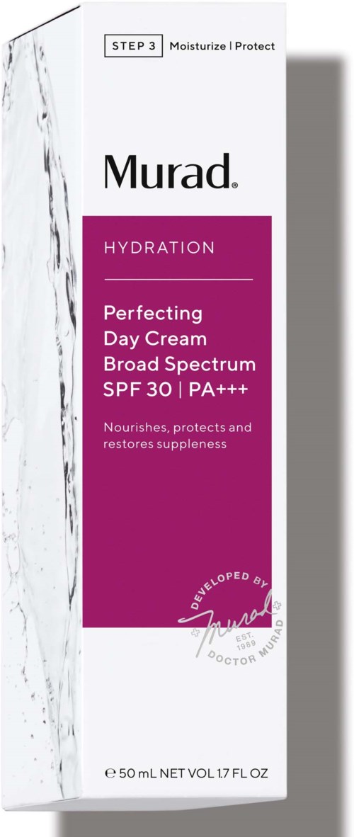 En hudvårdsproduktlåda märkt Murad Hydration, med detaljer om dagkräm, SPF 30 och närande fördelar.