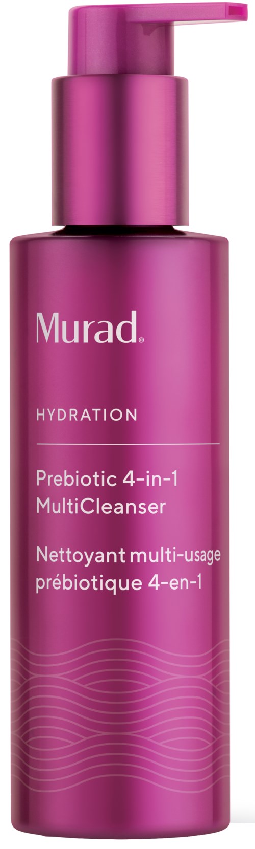 Ljusrosa flaska med pumpmärke säger Murad, hydrering, probiotisk 4-i-1 MultiCleaner.