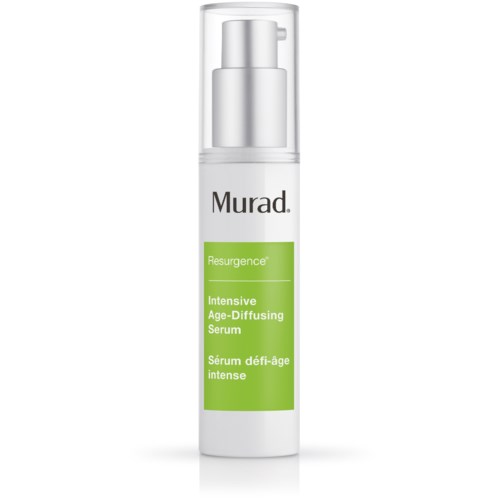 En hvit flaske med pumpe, merket Murad Resurgence Intensive Age-Diffusing Serum, grønn og hvit farge.
