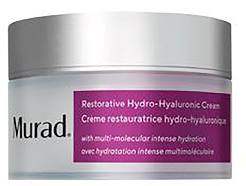 En burk Murad Restorative Hydro-Hyaluronic Cream med silverlock och lila etikett.