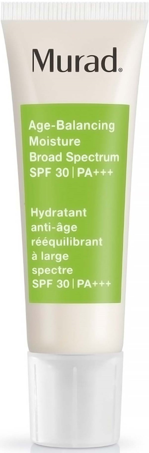 A white tube of Murad moisturizer with green label, claiming to balance skin and protect with SPF 30.