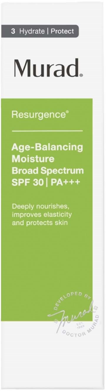A skincare product box labeled Murad Resurgence with SPF 30, promoting hydration, protection, and skin nourishment.