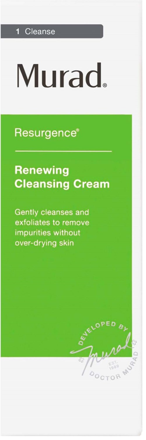 En hudpleieprodukteske i grønt og hvitt, merket Murad Resurgence Renewing Cleansing Cream, for å fjerne urenheter.