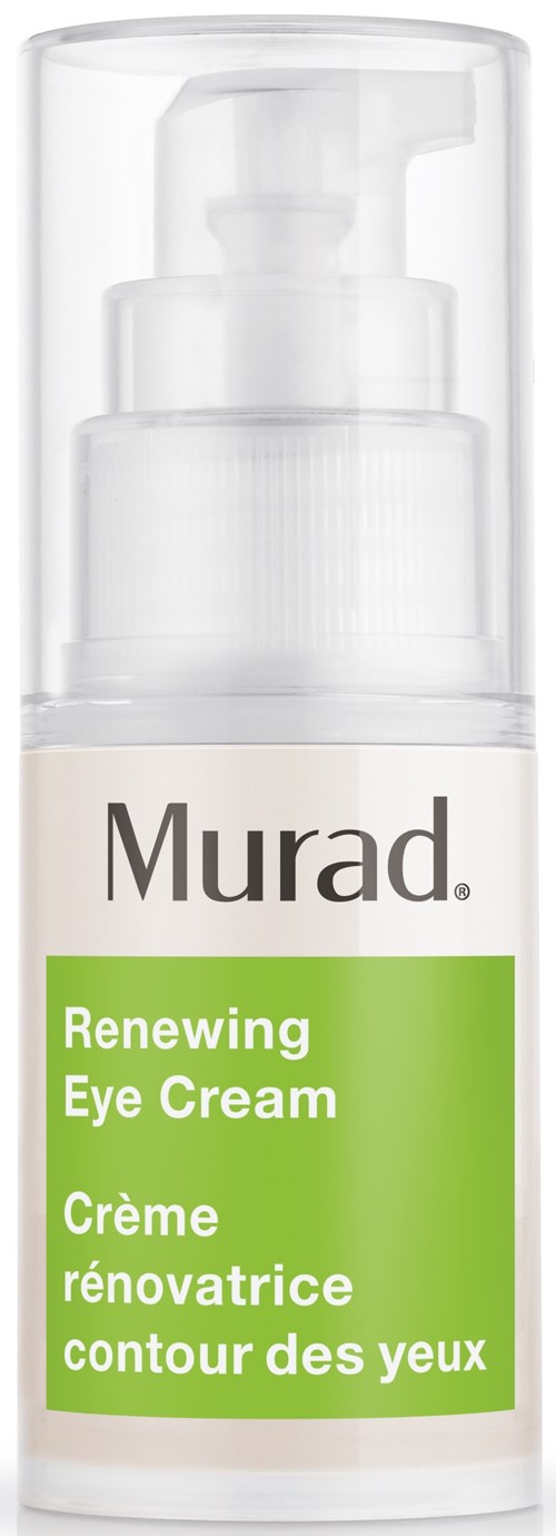 En vit flaska med pump, märkt som Murad Renewing Eye Cream i grönt och vitt. Designad för ögonvård.