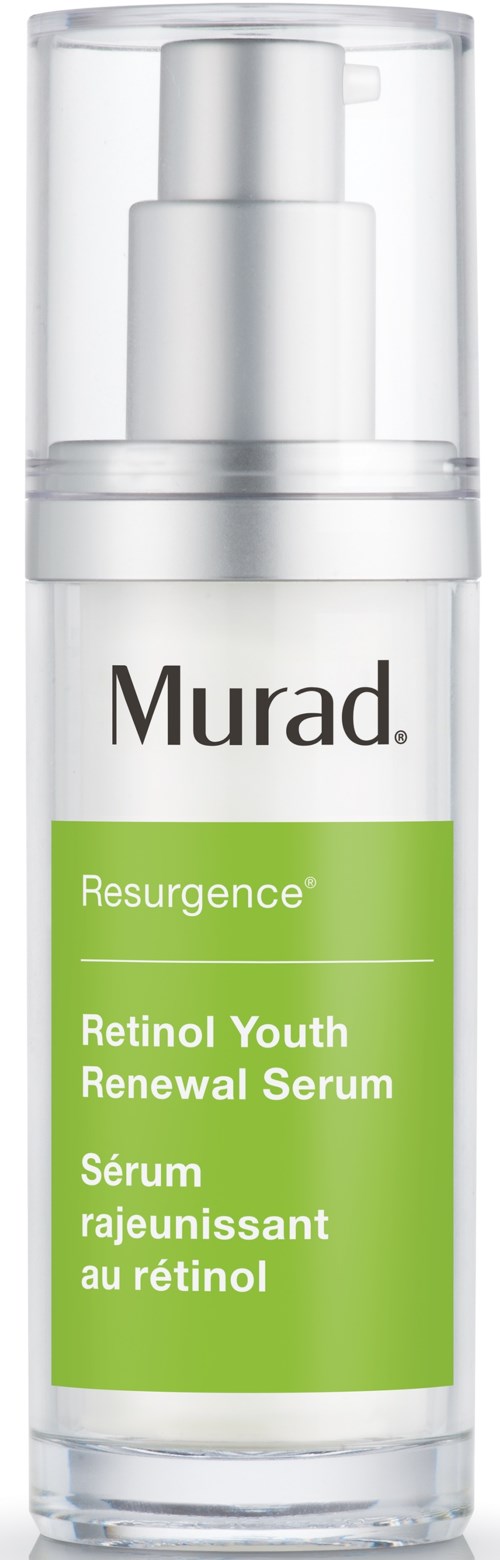 En hvit flaske med gjennomsiktig hette som inneholder Murad Resurgence Retinol Youth Renewal Serum. Teksten på flasken er grønn og hvit.