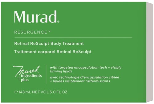 Grön låda med text om Murad Resurgence Retinal ReSculpt Body Treatment, ingredienser och volymdetaljer.