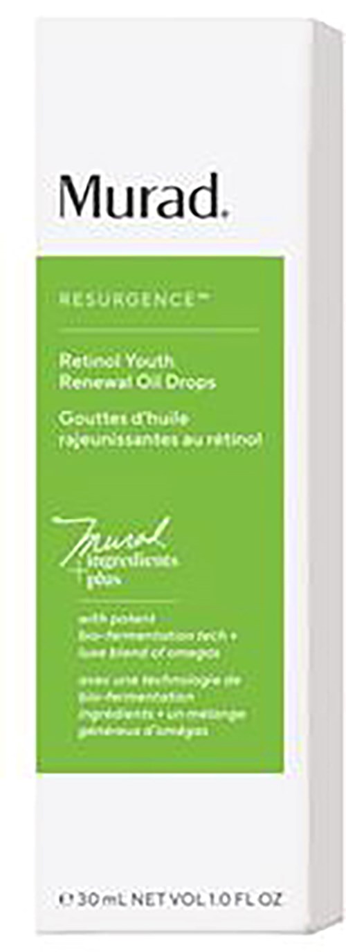 Förpackning med grön etikett, märket Murad, och text om Retinoid Youth Renewal Oil Drops.