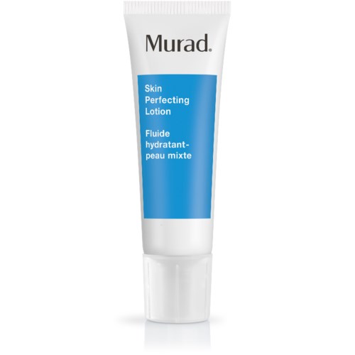En vit tub med Murad Skin Perfecting Lotion med blå etikett, står upprätt.