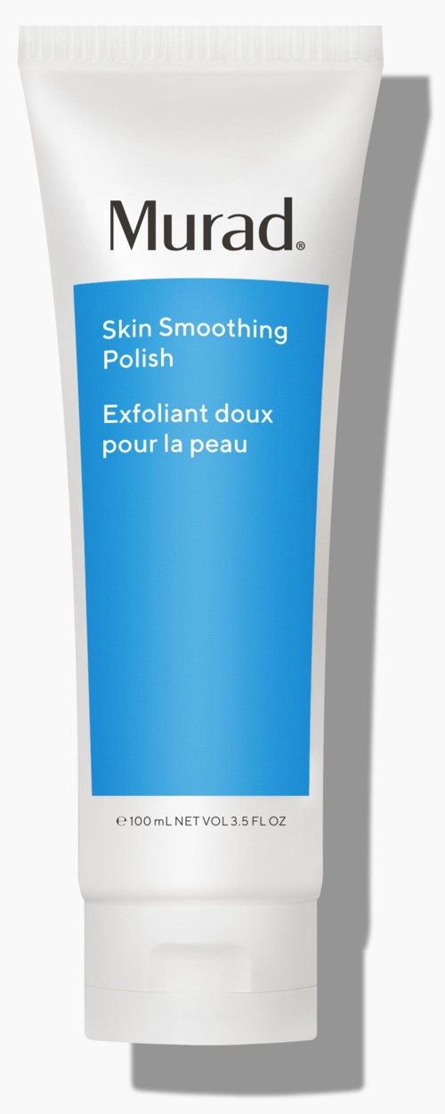 En vit tub med blå etikett. Etiketten säger "Murad," "Skin Smoothing Polish" och fransk text. Den står upprätt.