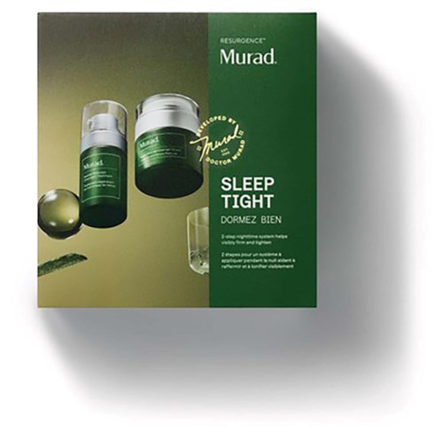 Boks med grønn emballasje for Murad Sleep Tight-produkt, med flasker og krukker.