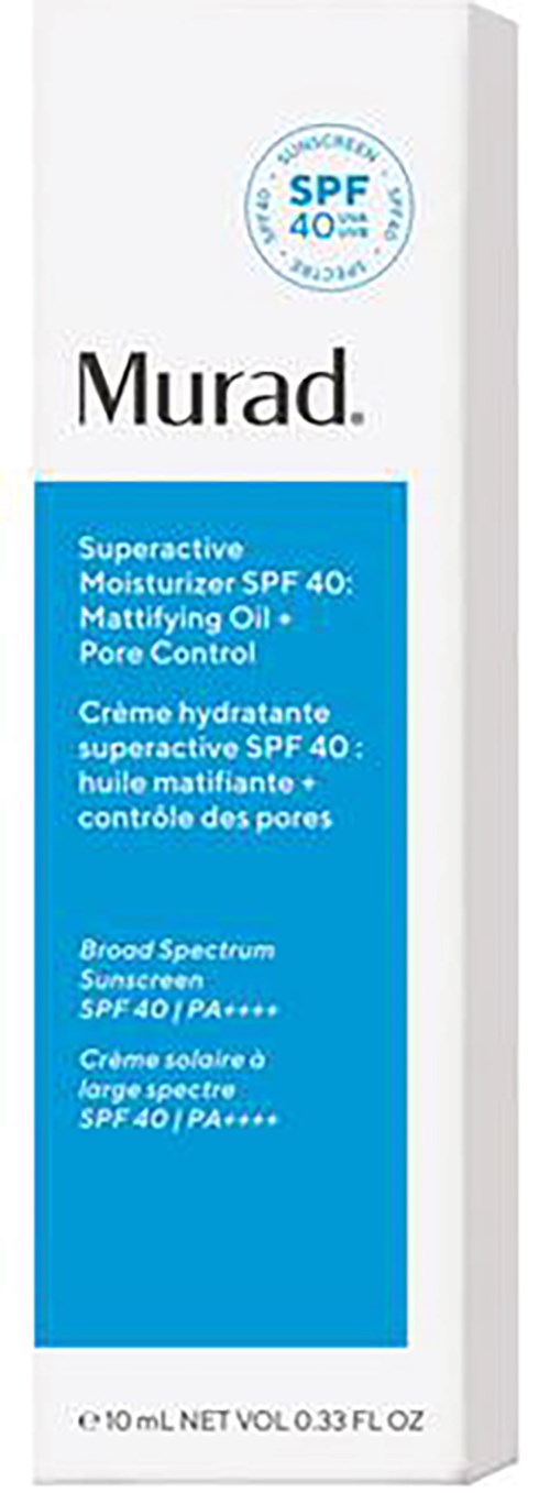 En vit box med blå etikett. Den säger Murad superaktiv fuktighetskräm SPF 40 och porkontroll. Den är för hudvård.