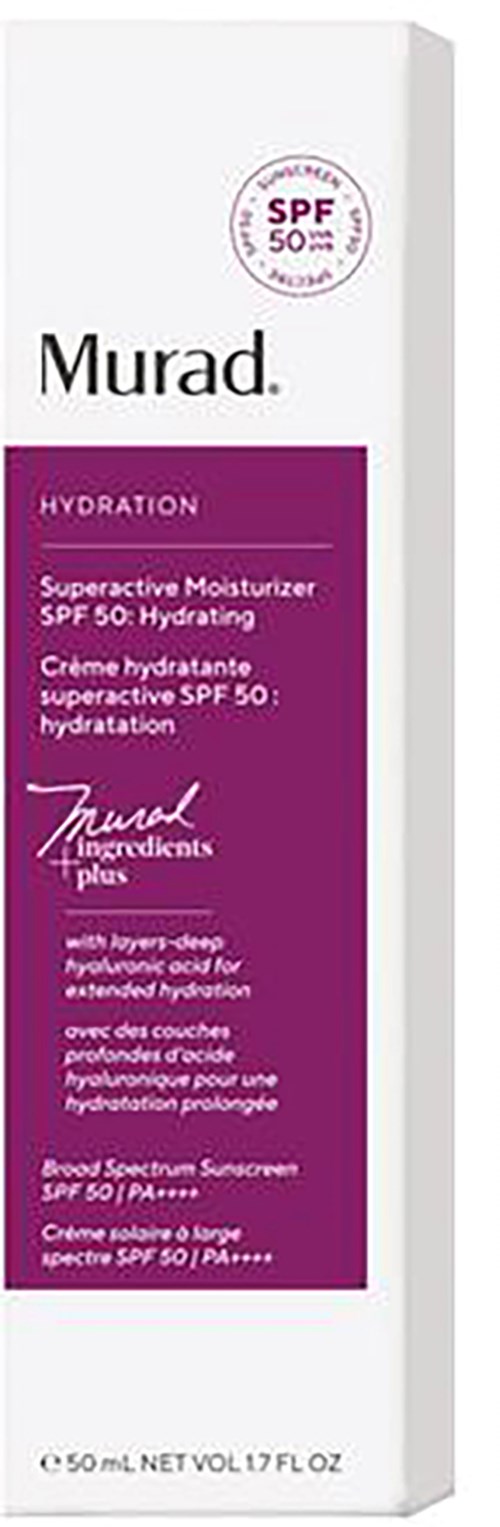 En vit låda med lila etikett visar Murad Superactive Moisturizer med SPF 50 för återfuktning.