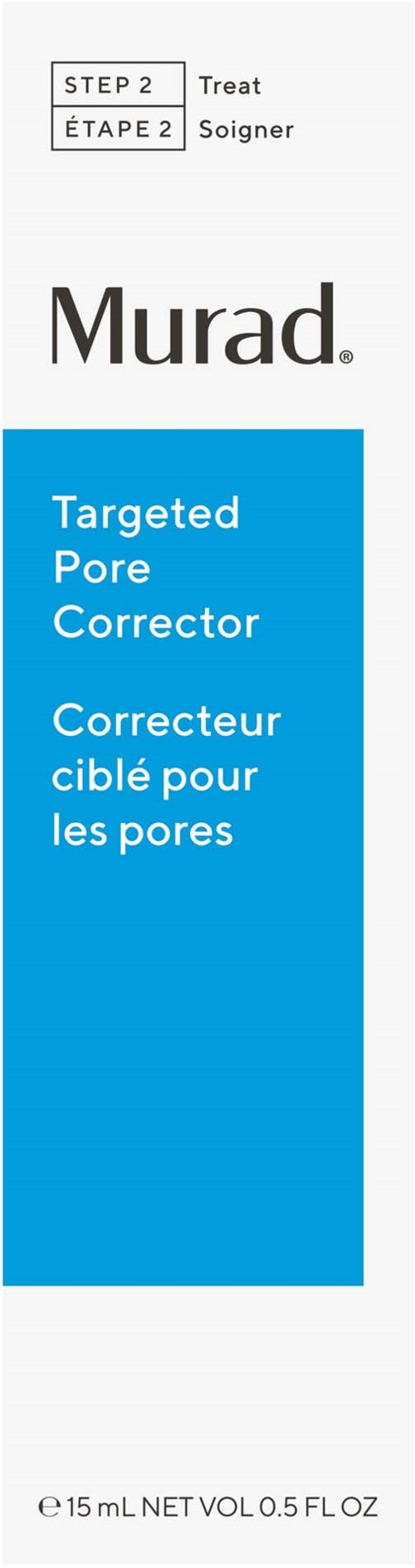 En hudplejeproduktkasse med mærket 'Murad Targeted Pore Corrector' og instruktioner på engelsk og fransk.