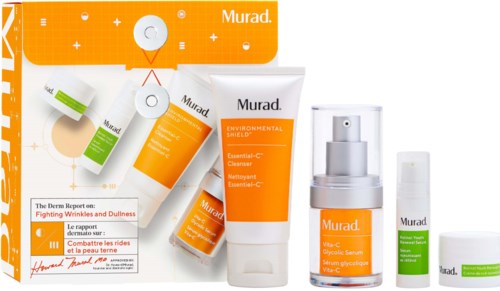 En uppsättning hudvårdsprodukter med orange och vit förpackning, inkluderar rengöring, serum, fuktighetskräm och servetter.