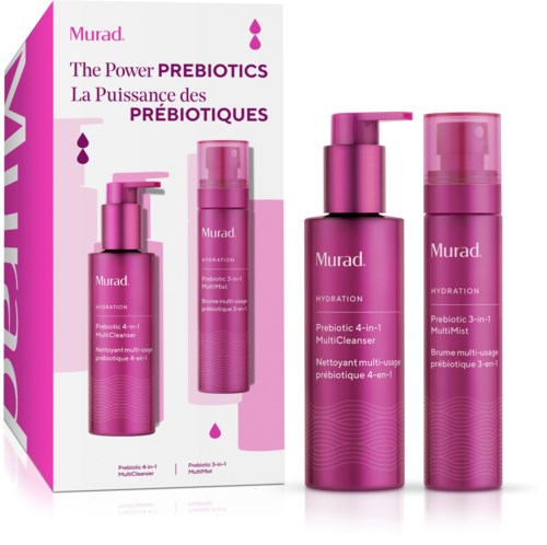 En display av rosa hudvårdsflaskor märkta 'Murad Hydration' med beskrivningar av prebiotik och multi-rengörarens funktioner.
