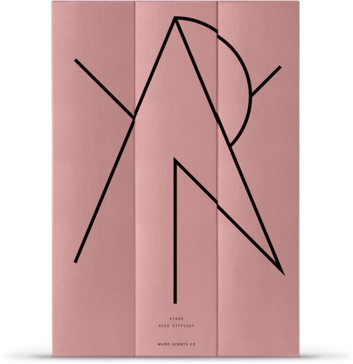 En rosa låda med svart geometrisk design och text om reed diffuser.
