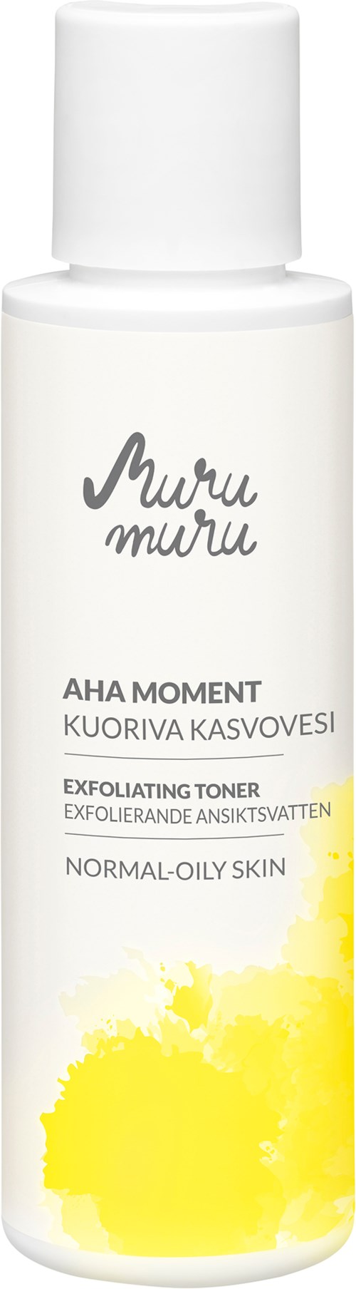 A white bottle of Muru Muru AHA Moment Toner for normal to oily skin with yellow paint splash design.