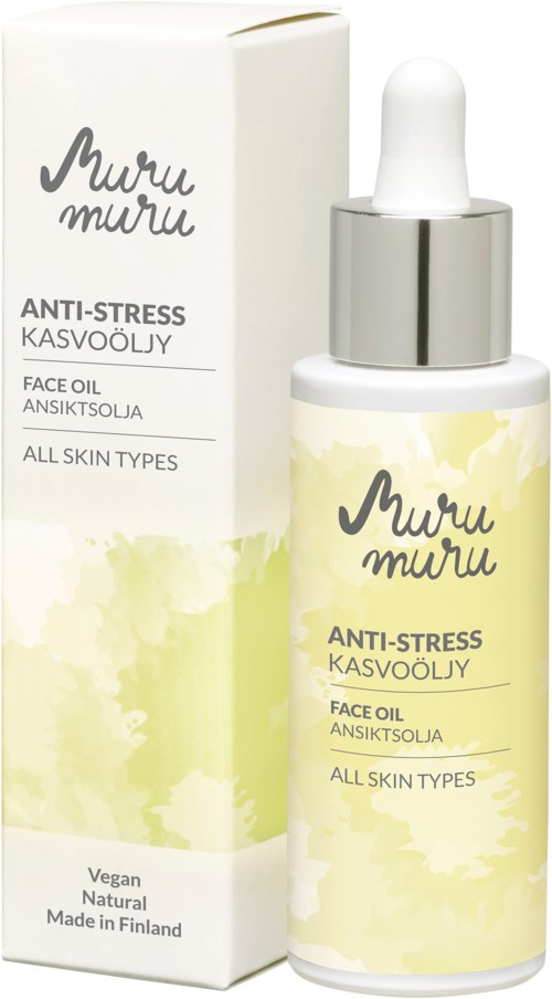 A face oil bottle with a white dropper cap, label says 'Anti-Stress', suitable for all skin types, made in Finland.