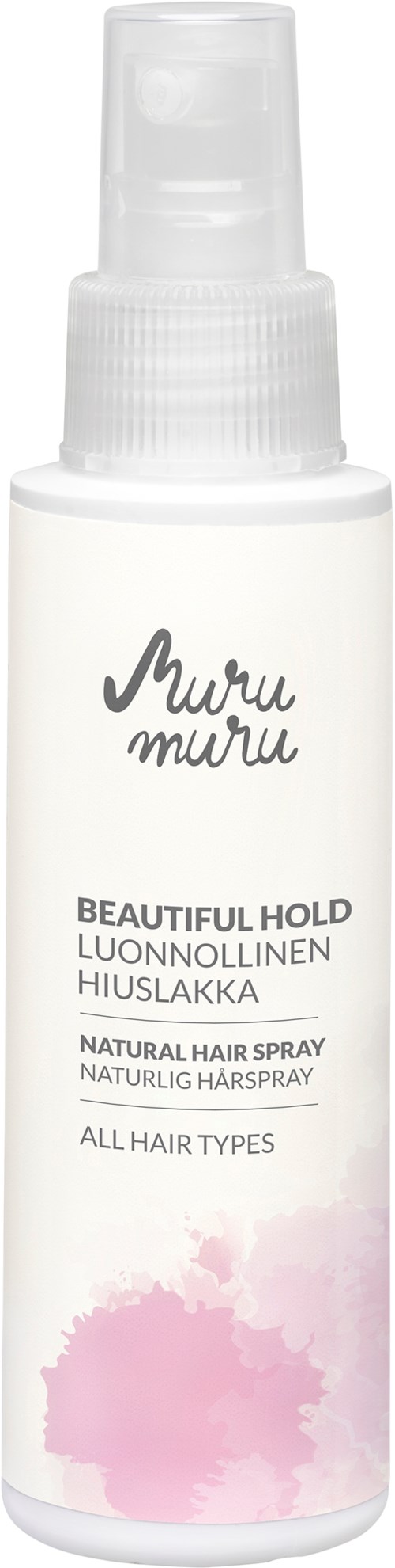 A white spray bottle with pink watercolor design, labeled 'Muru Muru' for styling hair and suitable for all hair types.