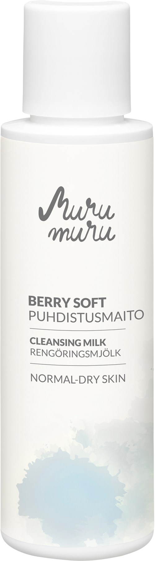 Butelka mleczka oczyszczającego dla skóry normalnej do suchej z zapachem Berry Soft. Prosta biała butelka z szarym i niebieskim tekstem i wzorem.