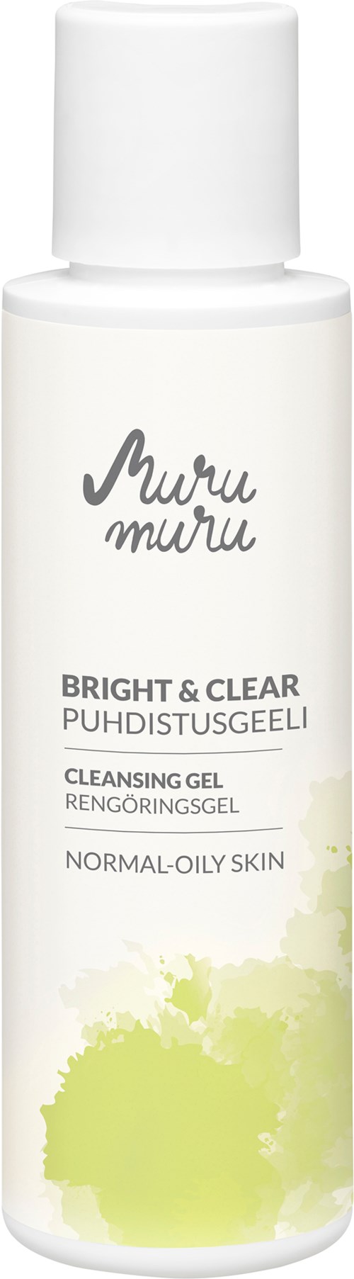 Biała butelka z etykietą "Muru Muru Bright & Clear" i zielonym plamą na dole.