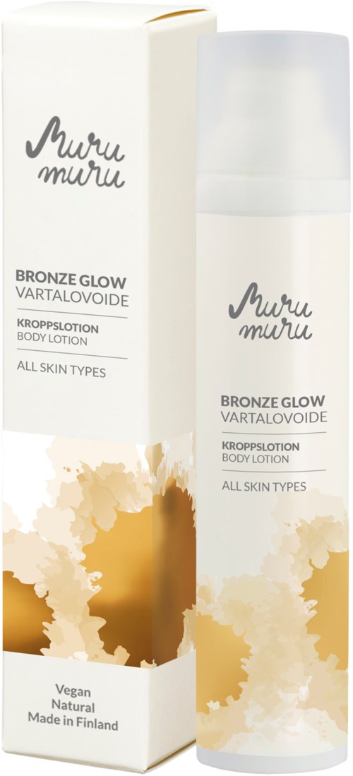 A bottle of body lotion with a white and gold label, placed next to its box, both featuring the product name.