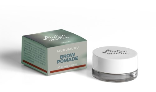 Ein kleiner Behälter und eine Box für Augenbrauenpomade, gekennzeichnet mit "Murumuru" und "03 auburn," einfaches Design und Text.
