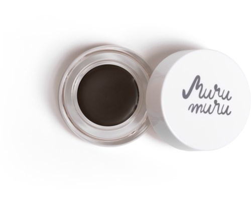 Kleine Dose mit dunkler Creme und weißem Deckel mit schwarzem und grauem Text. Der Text sagt "Muru muru".