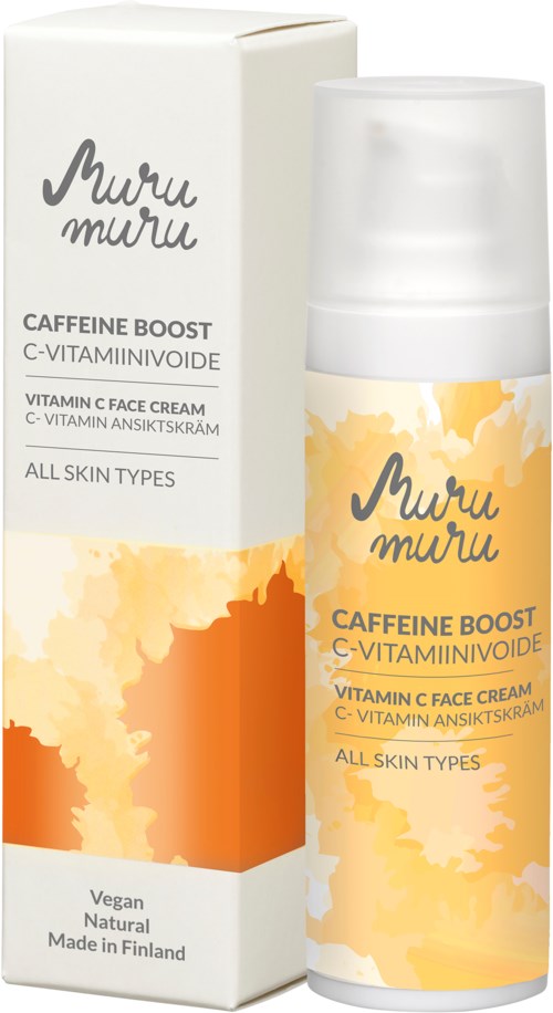 En flaska och en låda med Muru Muru Caffeine Boost ansiktskräm, märkning för alla hudtyper, vegan och tillverkad i Finland.
