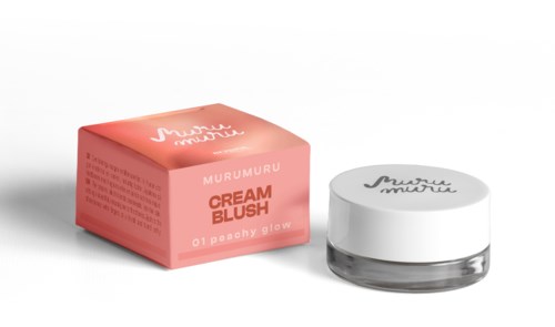 A box and jar of Murumuru Cream Blush, peachy color with glow, in simple packaging with black text.