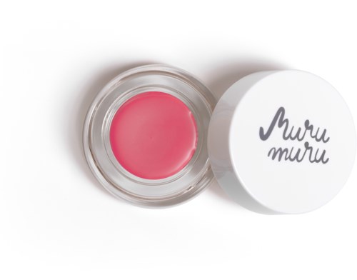 Small round container with pink cream, lid has 'Muru Muru' written on it.