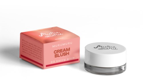A pink box and a small jar for cream blush, labeled 'Murumuru' and '03 Berry Glow'.