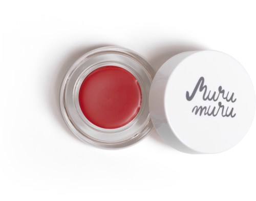 A small jar of red cream or gel with a white lid labeled 'Muru muru' in gray script.