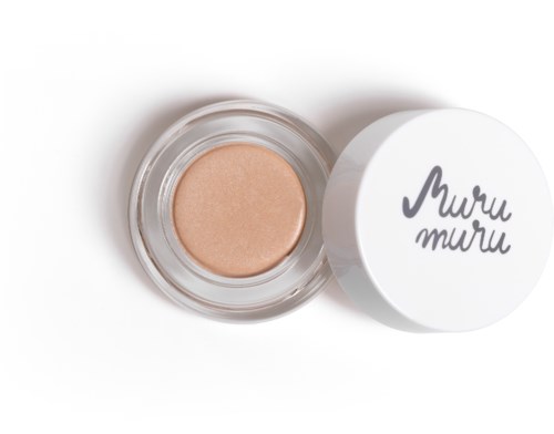 A small jar of beige cream with a white lid, labeled "muru muru."