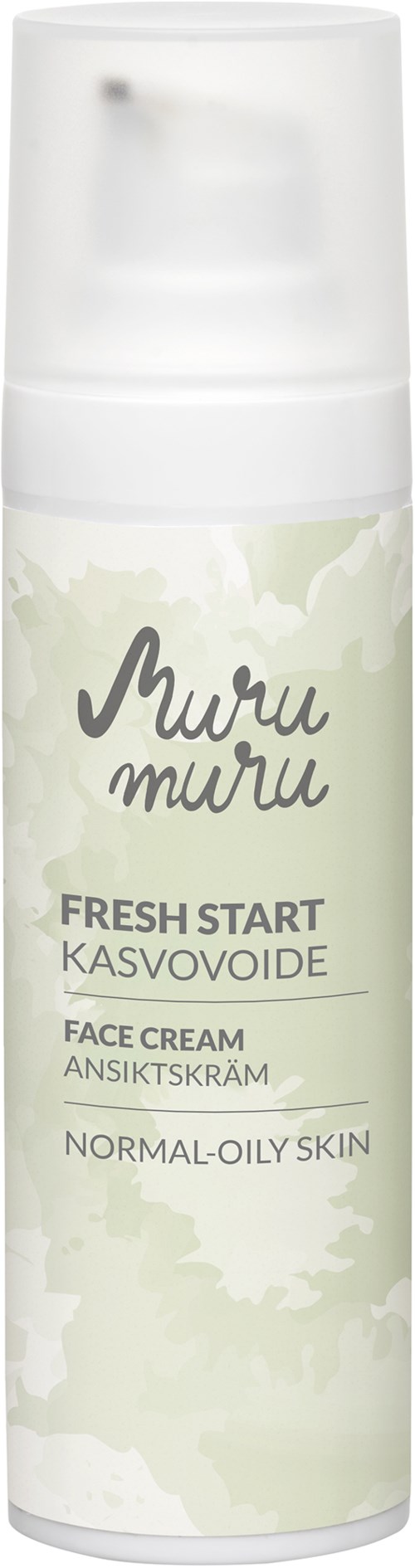 A white bottle of face cream for normal to oily skin with a pump top and greenish design. Muuru Muuru brand.