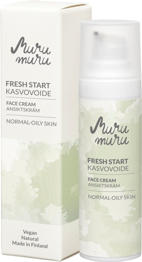 A white and green bottle of face cream with a matching box, labeled for normal to oily skin, vegan, natural, made in Finland.