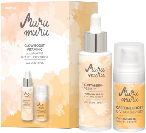 A skincare gift set with a dropper serum, vitamin C serum, and C-vitamin C cream in pastel packaging.