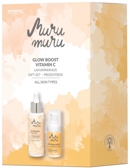 A skincare gift set with two bottles, colorful box, and product descriptions for Vitamin C glow boost.