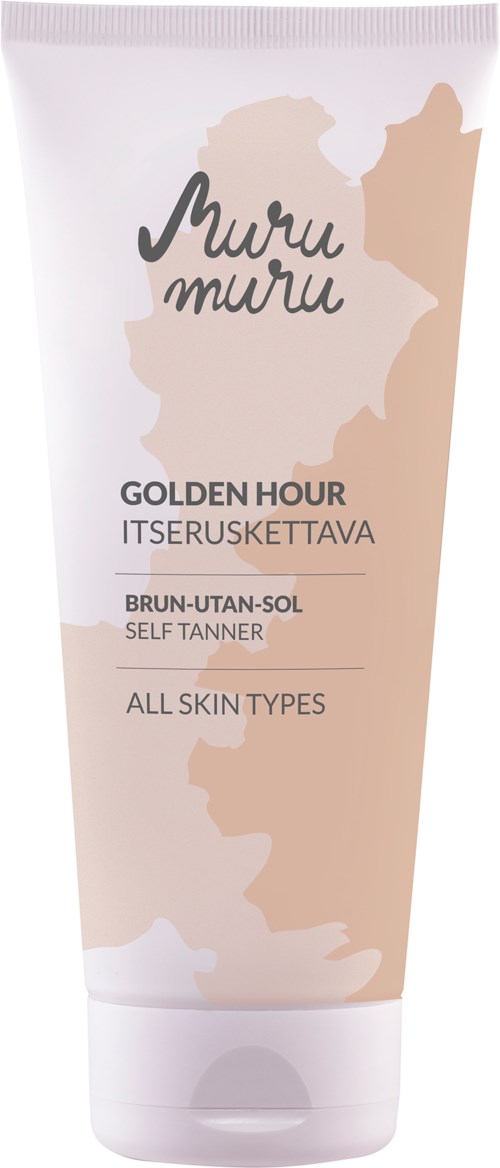 Itseruskettava putki, beige ja valkoinen design, merkintä "Muru Muru Golden Hour Self Tanner" kaikille ihotyypeille.